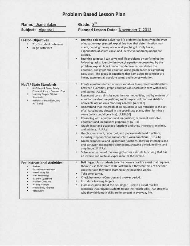 Project Based Lesson Plan Template